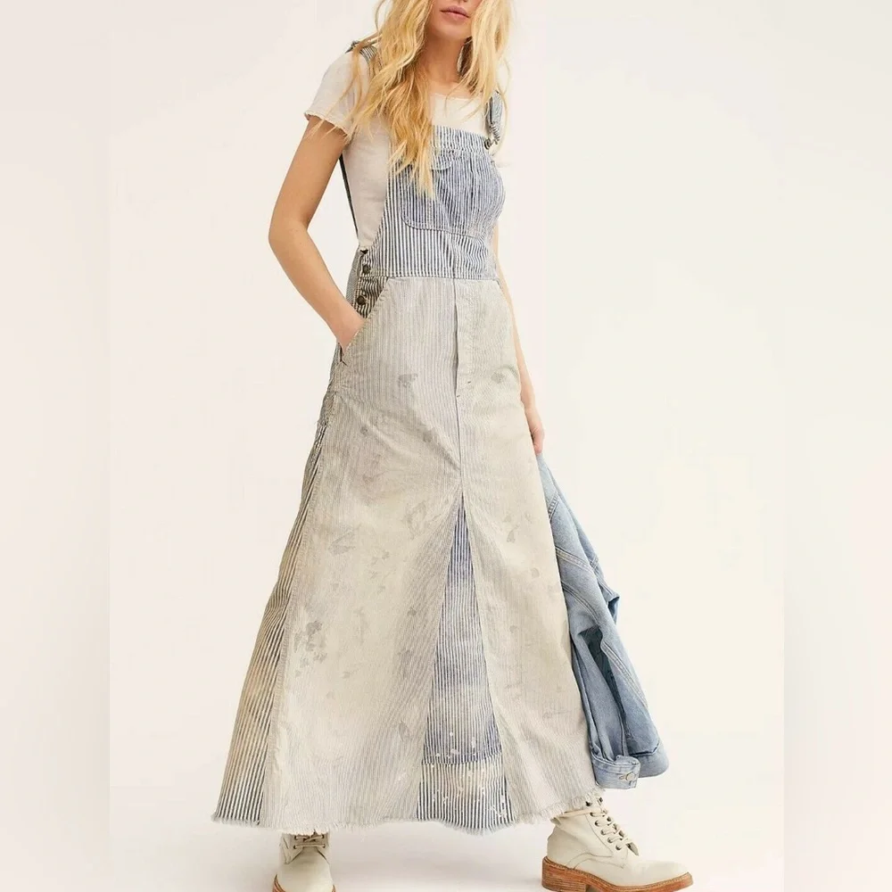 Free People Heritage Skirtall Blue Distressed Stripe Maxi Denim Dress - Picture 2 of 6